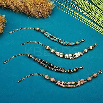 4Pcs 4 Style Synthetic Turquoise & Magnesite & Natural Larvikite & Rose Quartz Beaded Multi-strand Bracelets Set for Women BJEW-SW00038-1