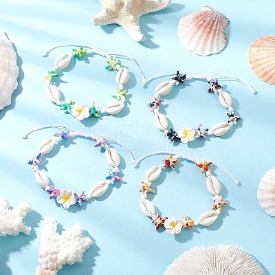 Starfish & Plumeria Synthetic Turquoise & Natural Cowrie Shell & Polymer Clay Beads Braided Bead Bracelets for Women BJEW-JB11847-1
