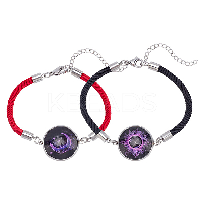 1 Set 2Pcs Valentine's Day Luminous 304 Stainless Steel Glass Flat Round Link Bracelet Sets BJEW-LP0001-35B-1