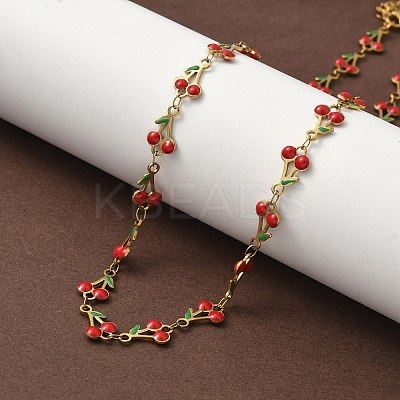 304 Stainless Steel Enamel Red Cherry Link Chain Necklaces for Women NJEW-K249-23P-1