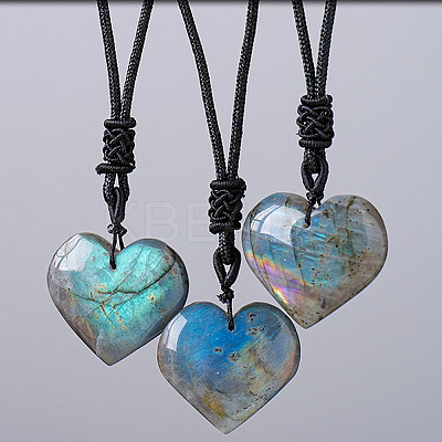 Heart Natural Labradorite Pendant Adjustable Braided Cord Necklaces FS-WG928F5-01-1