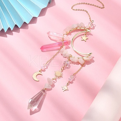 Natural Rose Quartz Chips & Brass Moon Pendant Decorations HJEW-TA00066-01-1