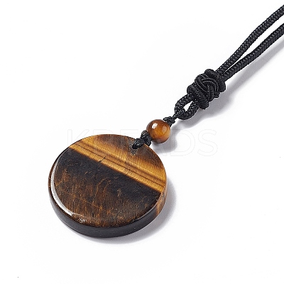 Natural Gemstone Flat Round with Flower of Life Pendant Necklace with Nylon Cord for Women NJEW-P274-02-1