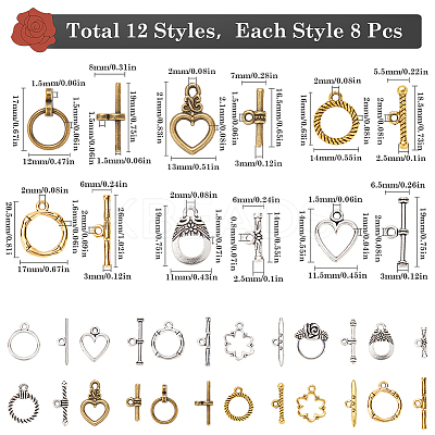 96Pcs 12 Styles Tibetan Style Toggle Clasps FIND-SC0009-16-1