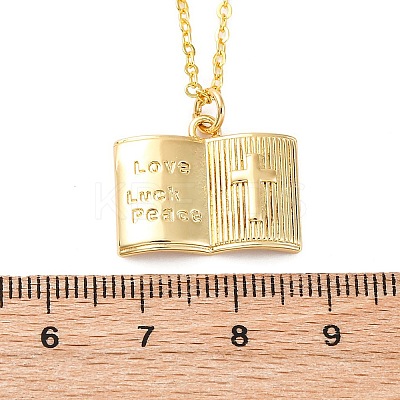 Brass Cross Bible Book Pendant Necklaces for Women Men NJEW-S438-03G-1