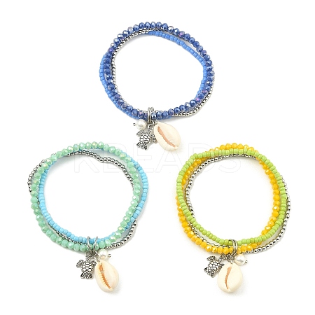 3Pcs 3 Colors Electroplate Glass & Shell Stretch Bracelets for Women BJEW-TA00381-1
