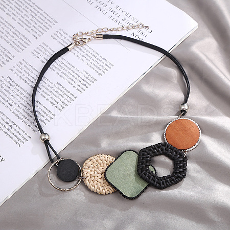 Bohemian Style Alloy and Raffia Geometric Pendant PU Leather Cord Bib Necklaces FS-WG7F958-04-1