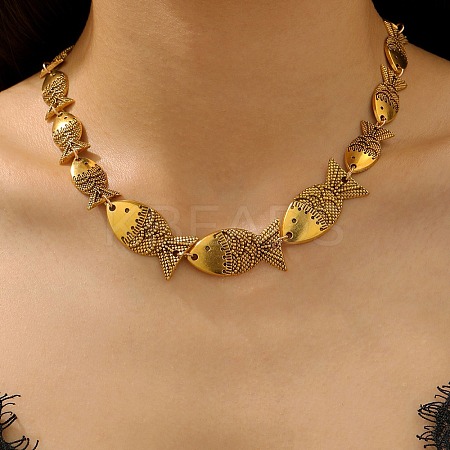Tibetan Style Alloy Graduated Fish Link Chain Necklaces for Women NJEW-C102-01AG-1