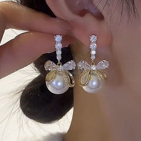Bowknot with Round Alloy Micro Pave Clear Cubic Zirconia Dangle Stud Earrings FS-WG257E1-01-1
