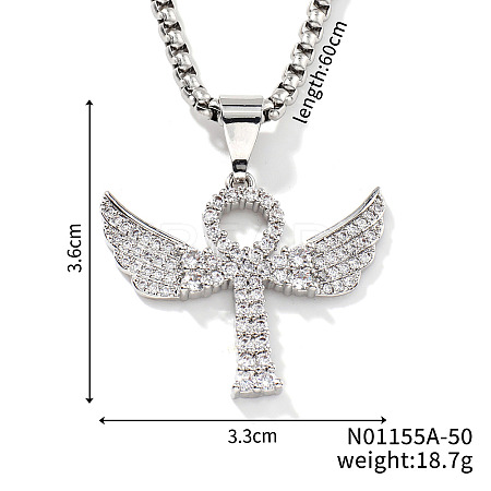 Elegant Brass Crystal Rhinestone Winged Cross Pendant Box Chain Necklaces OK2831-1-1
