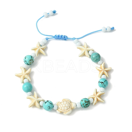 Turtle & Starfish & Round Synthetic Green Turquoise Braided Beaded Bracelets BJEW-TA00363-1