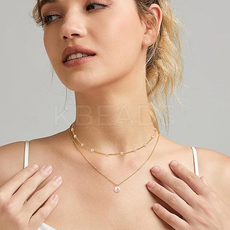 2Pcs Brass & Plastic Imitation Pearl Round Beaded Double Layer Pendant Necklaces for Women FS-WG9B395-02-1