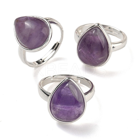Natural Amethyst Teardrop Adjustable Rings RJEW-K371-08S-15-1