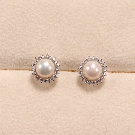 Flower Brass Micro Pave Clear Cubic Zirconia Stud Earrings WG8FE37-02-1