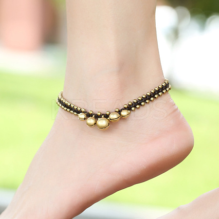 Ethnic Style Brass Bell Charm Braided Waxed Cord Adjustable Anklets for Women FS-WG2B00D-01-1