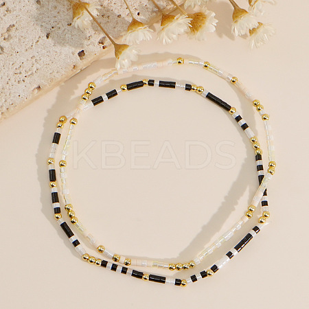 2Pcs Bohemian Style Glass Seed Beaded Stretch Bracelet Set with Brass Beads HV2653-1