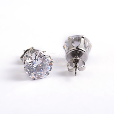 Flat Round 304 Stainless Steel Cubic Zirconia Stud Earrings EJEW-H306-38-4mm-1