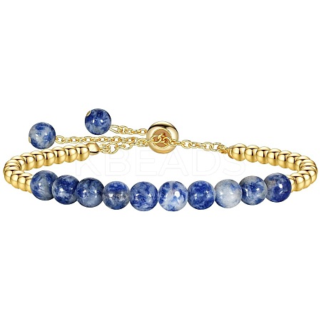 Natural Blue Spot Jasper 304 Stainless Steel Round Beaded Adjustable Slider Bracelets for Men Women AW1156-8-1