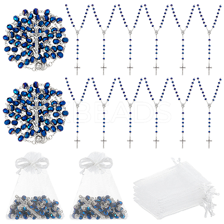 15Pcs Jesus Cross Zinc Alloy Pendant Blue Glass Rondelle Rosary Bead Necklaces for Women Men NJEW-WA0001-02-1