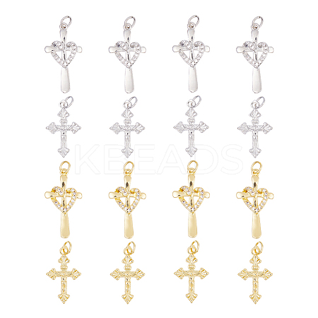 16Pcs 4 Styles Rack Plating Brass & Cubic Zirconia Pendants KK-HS0001-13-1