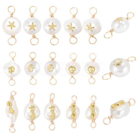 36Pcs 3 Styles Grade AA Natural Cultured Freshwater Pearl Connector Charms with Golden Tone Alloy Slices FIND-BC0004-55-1