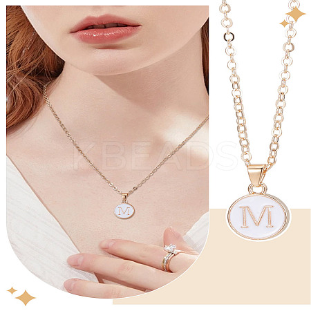 1Pc Zinc Alloy White Enamel Round with Letter Pendant Necklaces NJEW-LP0002-88G-M-1