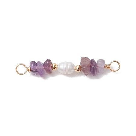 Natural Amethyst Chip & Natural Cultured Freshwater Pearl Rice Beaded Connector Charms PALLOY-JF03707-09-1