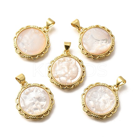 Brass Pave Natural White Shell Carved Cat Pendants KK-Z091-08G-03-1