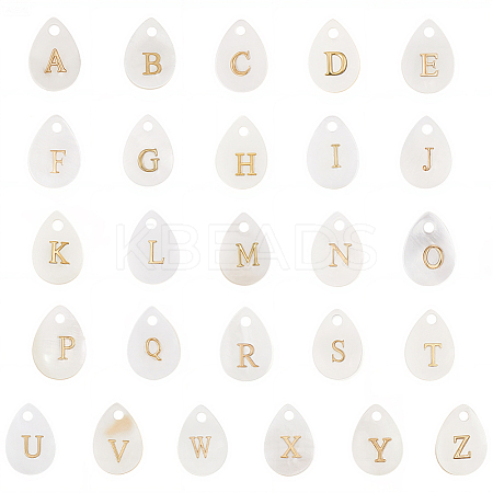 26Pcs 26 Styles Natural Shell Teardrop Charms with Golden Tone Metal Letter Slices SHEL-SC0001-93-1