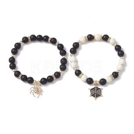 2Pcs 2 Styles 8mm Round Dyed Natural Black Agate & Synthetic Turquoise Beaded Stretch Bracelets BJEW-JB10564-1