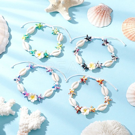 Starfish & Plumeria Synthetic Turquoise & Natural Cowrie Shell & Polymer Clay Beads Braided Bead Bracelets for Women BJEW-JB11847-1