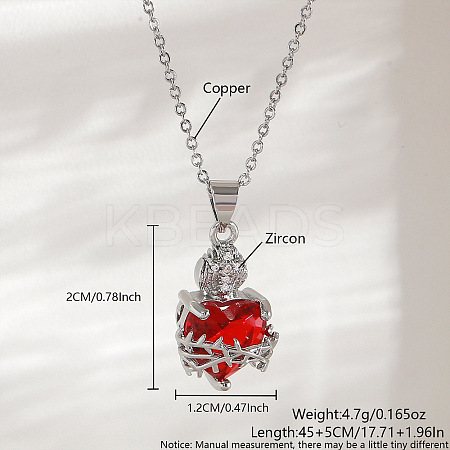Brass Micro Pave Clear Cubic Zirconia and Red Resin Scared Heart Pendant Necklaces for Women FS-WG476F5-09-1