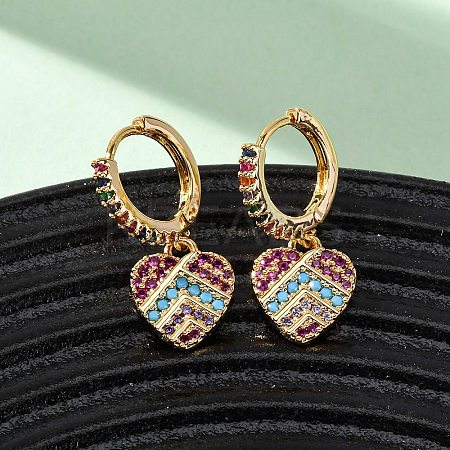 Heart Brass Micro Pave Clear Cubic Zirconia Hoop Earrings EJEW-F384-09G-1
