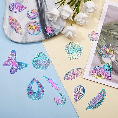 24Pcs 12 Style 201 Stainless Steel Filigree Pendants STAS-SZ0001-78-1