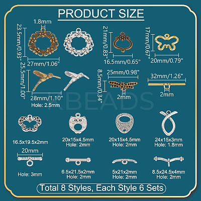 48pcs 8 styles Tibetan Style Alloy Toggle Clasp Rhinestone Settings FIND-PH0020-10-1