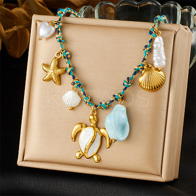 Ocean 304 Stainless Steel & Plastic Pearl & Natural Shell Turtle Starfish Shell Shape Pendant Necklaces for Women NJEW-G180-03G-1