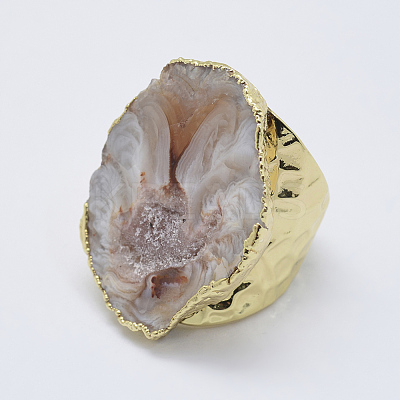 Adjustable Natural Druzy Agate Cuff Finger Rings RJEW-L079-K01-1