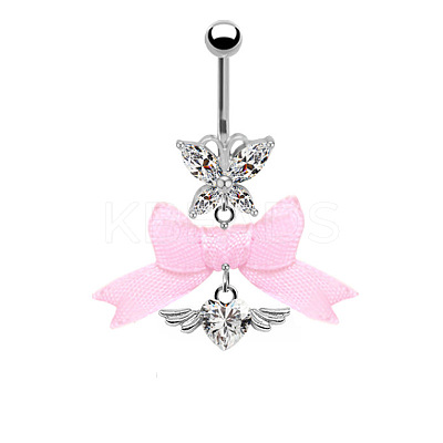 304 Stainless Steel Pave Cubic Zirconia with Cloth Bowknot Butterfly Dangle Belly Rings FS-WG03D58-10-1