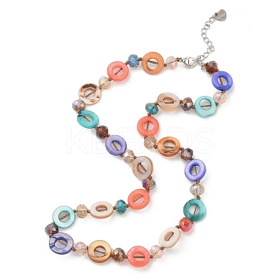 Bohemian Dyed Natural Shell Flat Round & Faceted Rondelle Glass Beaded Necklaces for Women LS-NJEW-S456-01-1