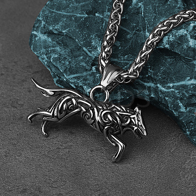 304 Stainless Steel Viking Wolf Pendant Necklaces for Men FS-WG017A5-01-1