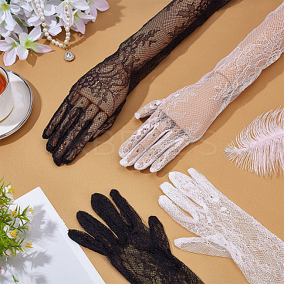 2 Pairs 2 Colors Polyester Long Lace Gloves AJEW-LP0008-33-1
