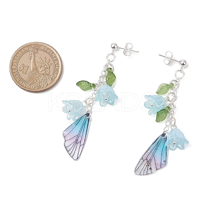304 Stainless Steel Wing with Flower Dangle Stud Earrings EJEW-TA00696-1