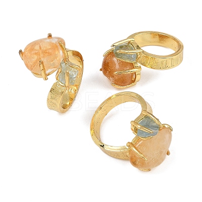 Nuggets Natural Yellow Quartz & Aquamarine Open Cuff Rings RJEW-K286-12G-03-1