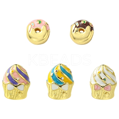 5Pcs 5 Styles Donut & Cake Rack Plating Brass Enamel Beads KK-CJ0002-83-1