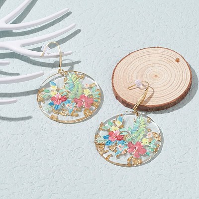 Transparent Epoxy Resin Flat Round with 3D Printed Flower Pattern Dangle Earrings EJEW-JE04580-1