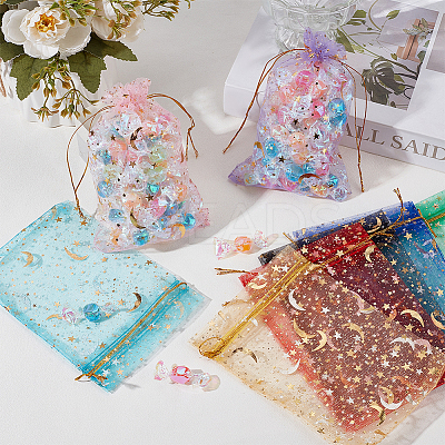 72Pcs 12 Colors Gold Stamping Moon & Star Organza Drawstring Gift Storage Bags OP-BBC0001-02B-1