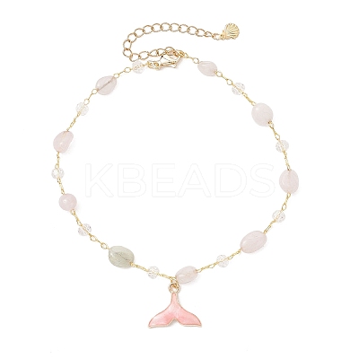 Brass Handmade Natural Morganite Nuggets Link Chain Alloy Enamel Whale Tail Pendant Anklets for Women AJEW-AN00709-01-1