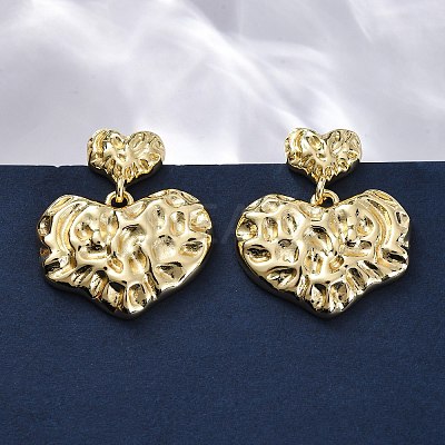 Hammered Heart Brass Dangle Stud Earrings EJEW-R025-23G-1