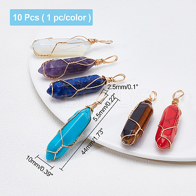 10Pcs 10 Colors Gemstone with Steel Wire Wrapped Pointed Pendants G-AR0004-03LG-1