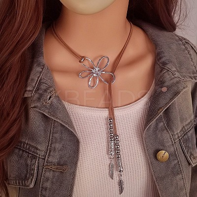 Hollow Flower Bohemian Style Alloy Pendant Camel Faux Suede Cord Lariat Necklaces for Women FS-WGF2926-01-1